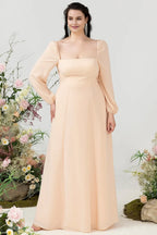 Square Neck Long Sleeves Column Formal Plus Size Floor length Party Dress Hot Sale For Ladies ﻿
