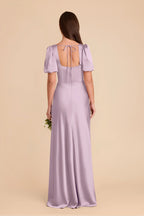 Square Neck Puff Short Sleeve Satin Bridesmaid Dress Back Tie High Slit A Line Floor Length Wedding Guest Formal Gown