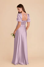 Square Neck Puff Short Sleeve Satin Bridesmaid Dress Back Tie High Slit A Line Floor Length Wedding Guest Formal Gown