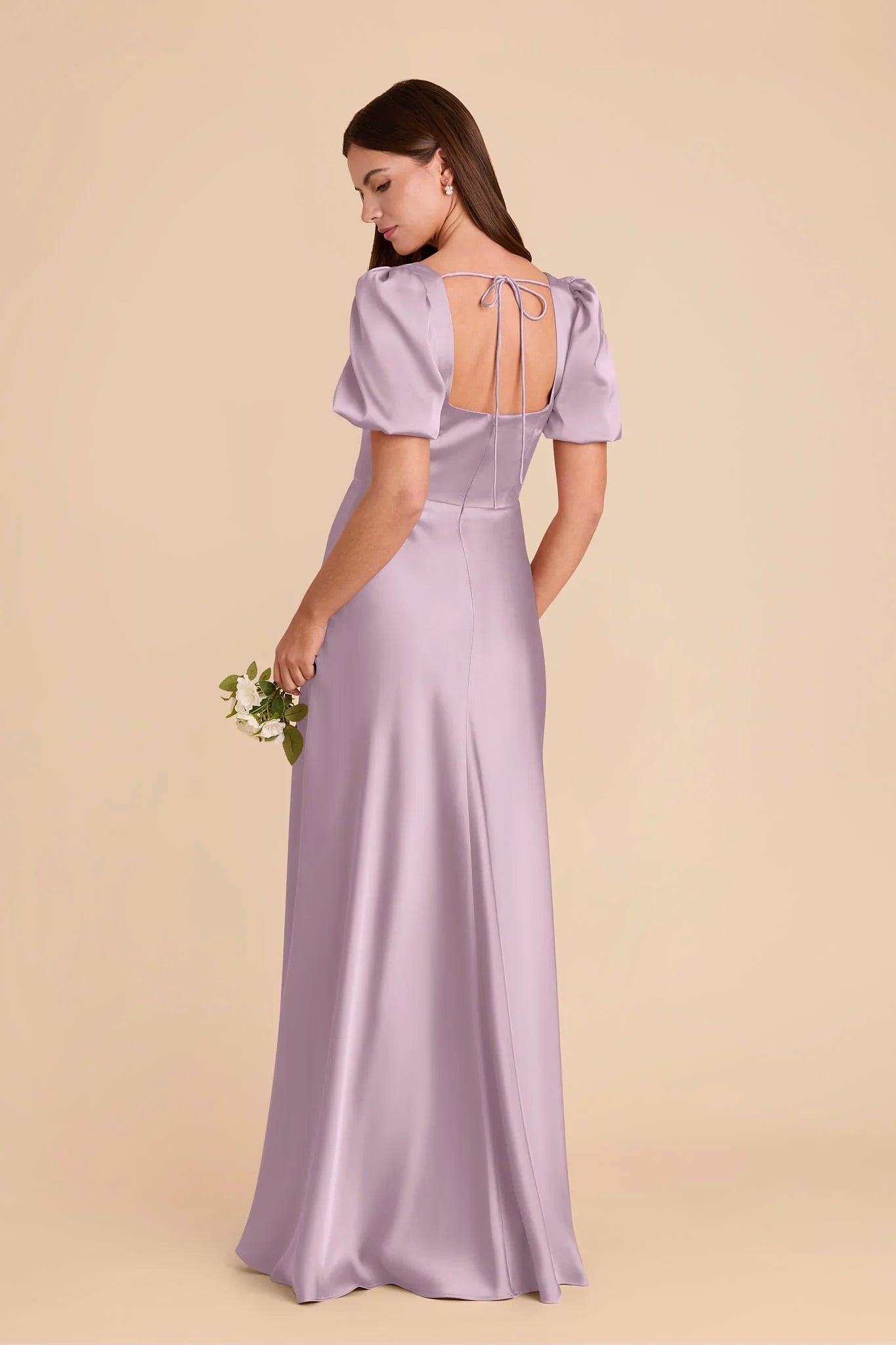 Square Neck Puff Short Sleeve Satin Bridesmaid Dress Back Tie High Slit A Line Floor Length Wedding Guest Formal Gown