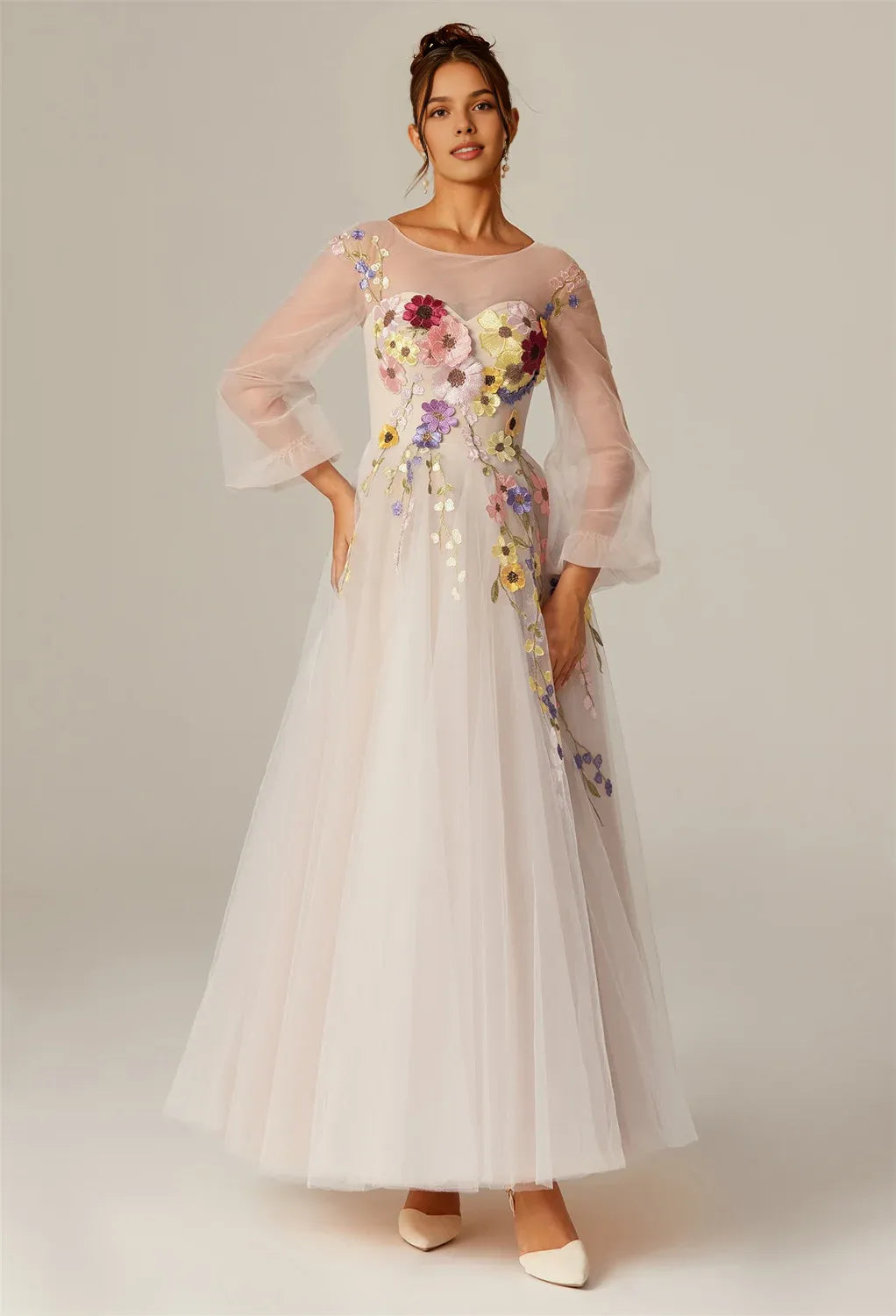 Steaming A-line U-Neck Ankle Length Long Sleeves Prom Dresses Affordable A-Line Evening Dresses