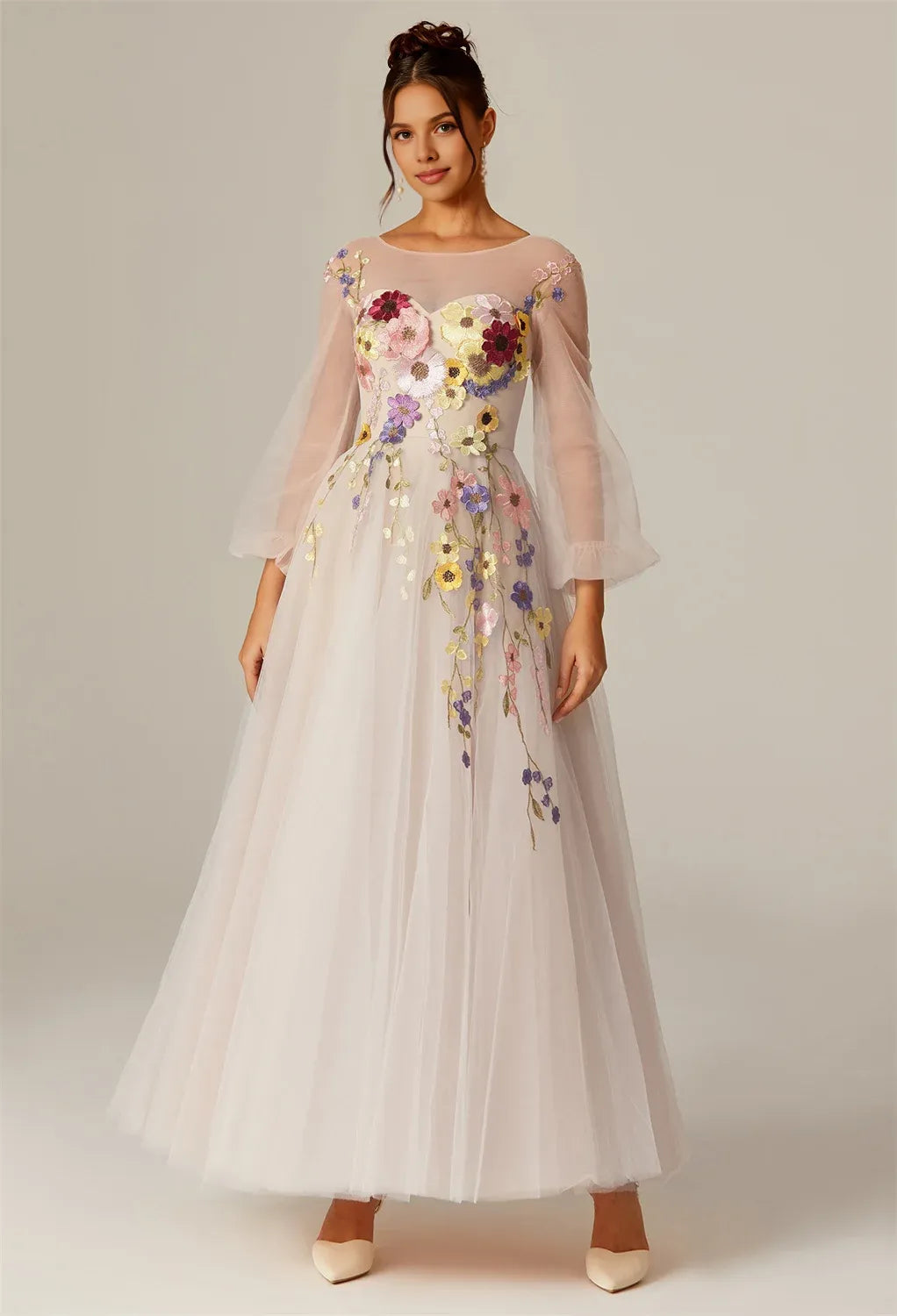 Steaming A-line U-Neck Ankle Length Long Sleeves Prom Dresses Affordable A-Line Evening Dresses