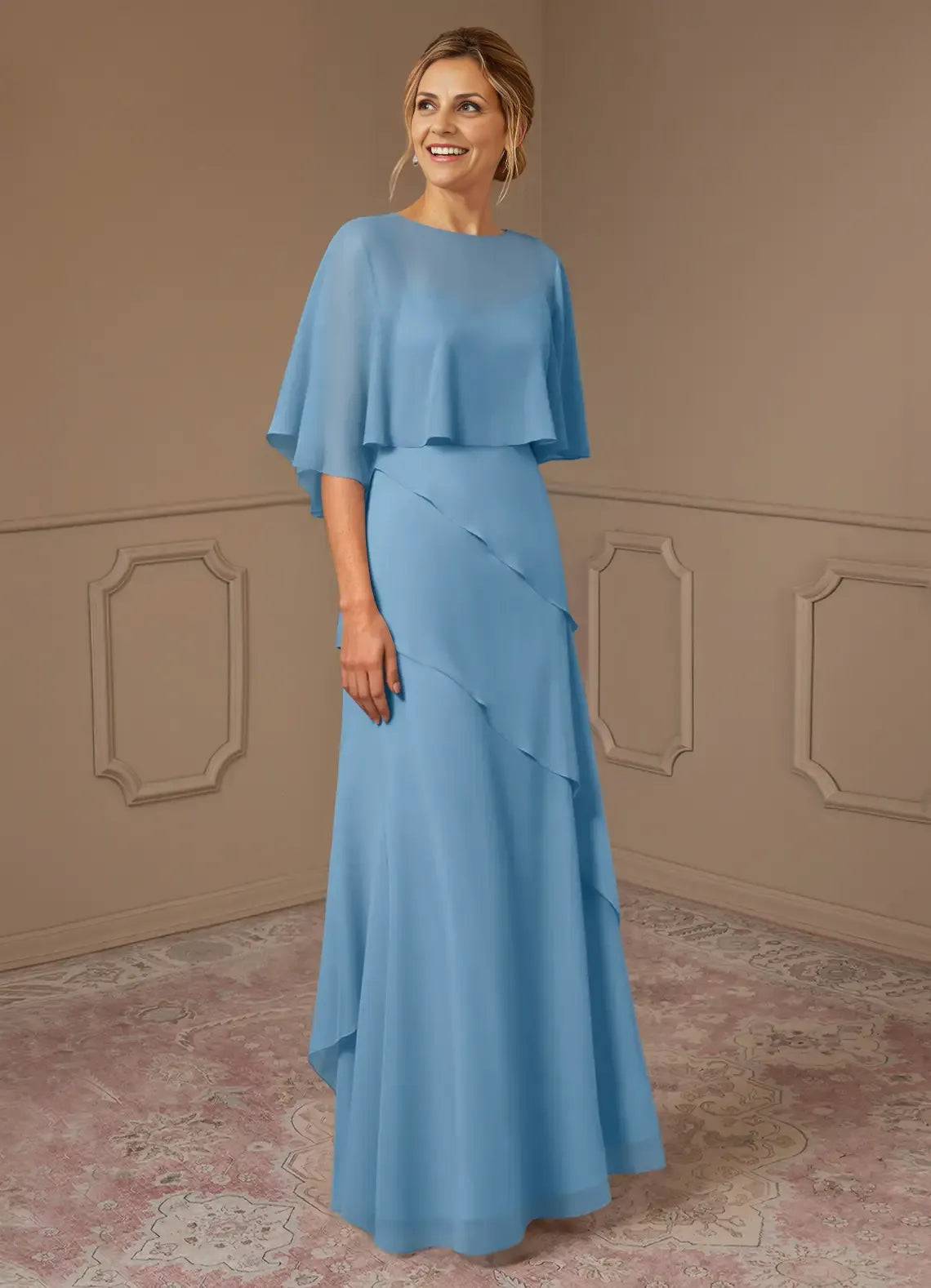 Dress A-Line Scoop Neck Dress Mother Of The Bride Dresses Elegant Cap Sleeves Capelet Evening Dress