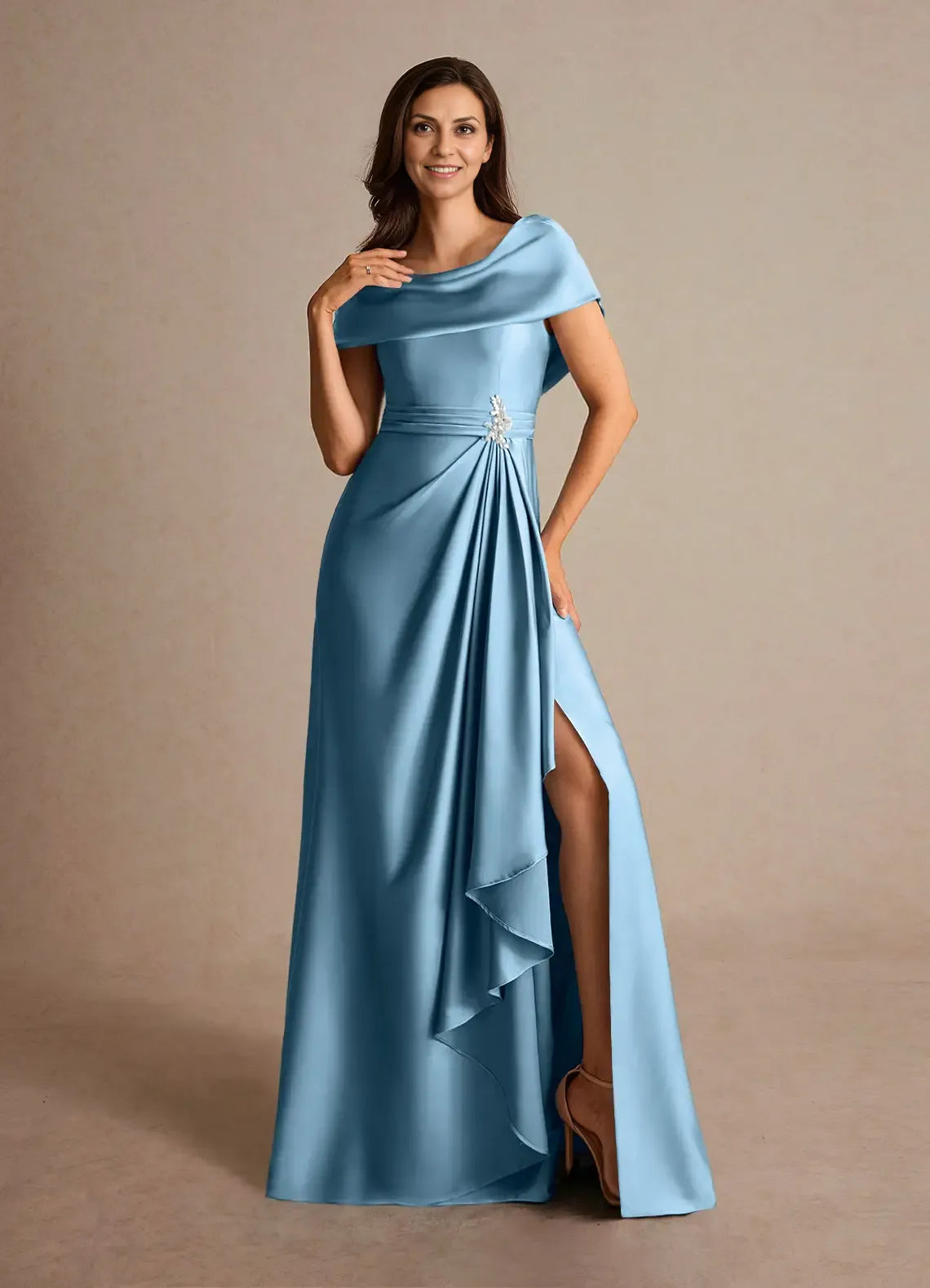 Dress Dusty Sage A-Line Pleated Maxi Dress Fashion Cap Sleeves Cowl Back Mother of the Bride Dress