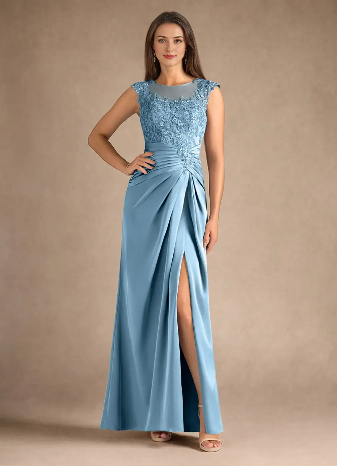 Blue Dress Steel Sheath Pleated Mother of the Groom Dresses Elegant Scoop Neck Sleeveless Leg Slit Evening Dress