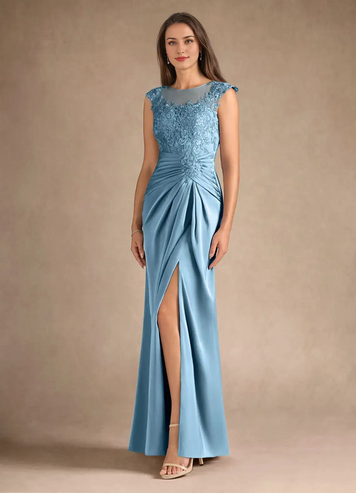 Blue Dress Steel Sheath Pleated Mother of the Groom Dresses Elegant Scoop Neck Sleeveless Leg Slit Evening Dress