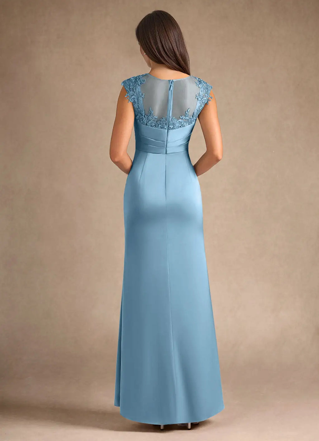 Blue Dress Steel Sheath Pleated Mother of the Groom Dresses Elegant Scoop Neck Sleeveless Leg Slit Evening Dress