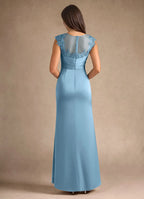 Blue Dress Steel Sheath Pleated Mother of the Groom Dresses Elegant Scoop Neck Sleeveless Leg Slit Evening Dress