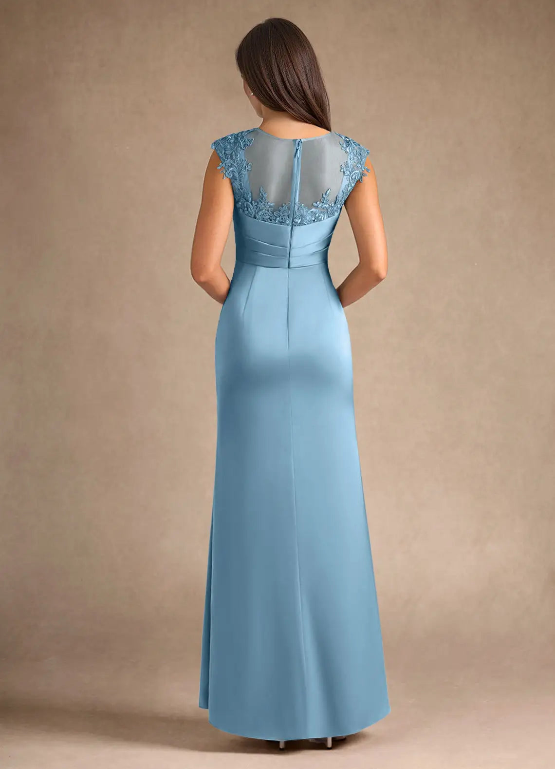 Blue Dress Steel Sheath Pleated Mother of the Groom Dresses Elegant Scoop Neck Sleeveless Leg Slit Evening Dress