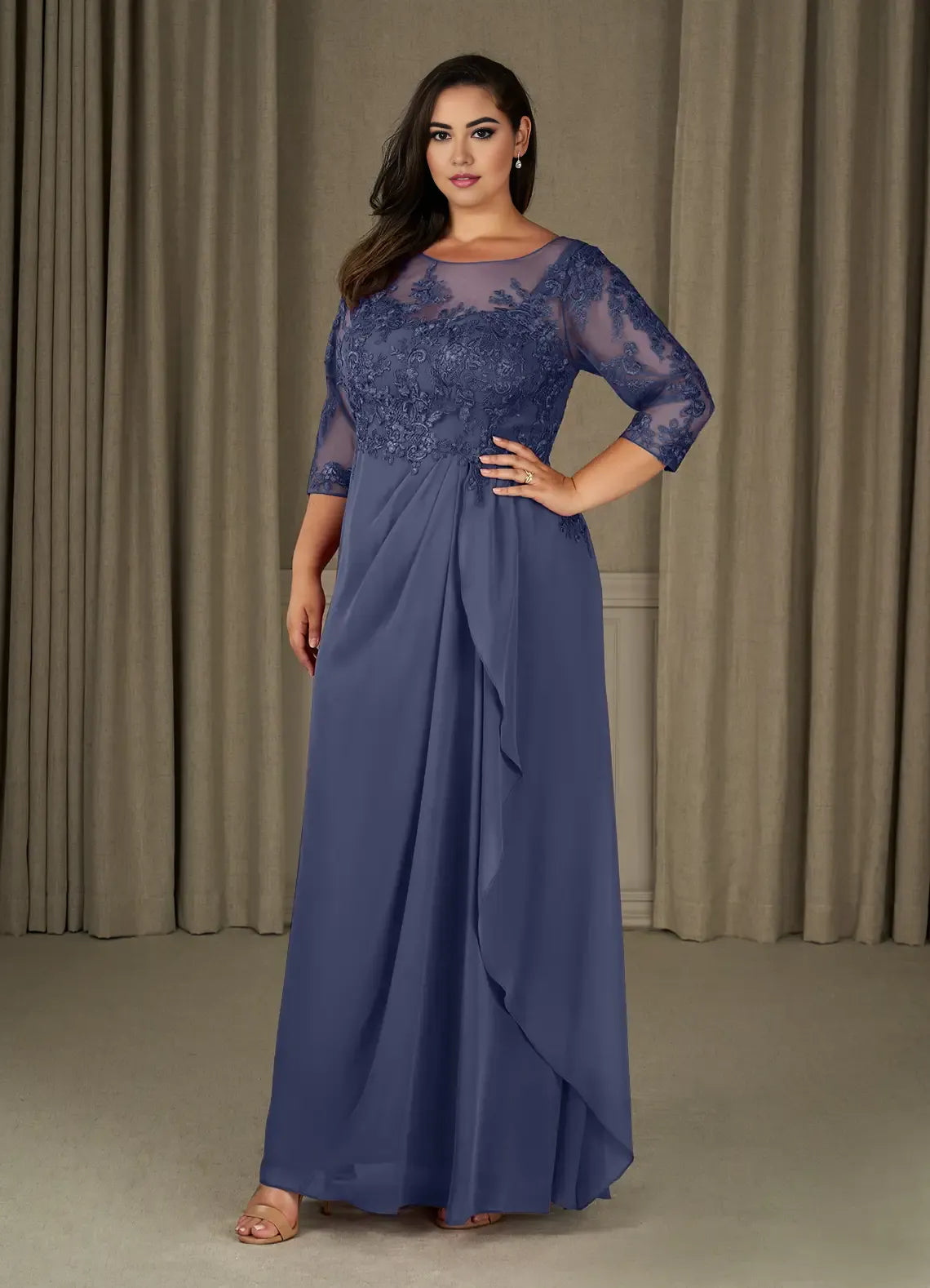 Dress Champagne A-Line Scoop Mother Of The Bride Evening Dress Elegant Ruffle Three-Quarter Sleeve V Back Plus Size Mother Of The Bride Dress