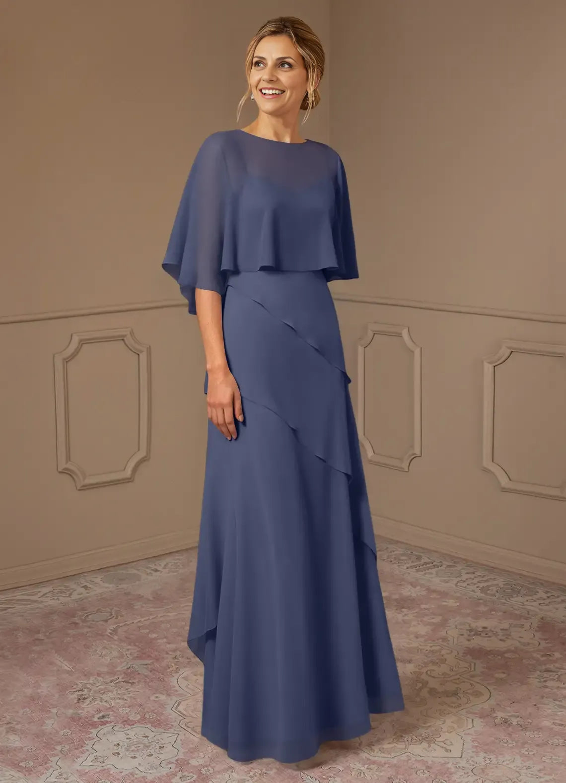 Dress A-Line Scoop Neck Dress Mother Of The Bride Dresses Elegant Cap Sleeves Capelet Evening Dress