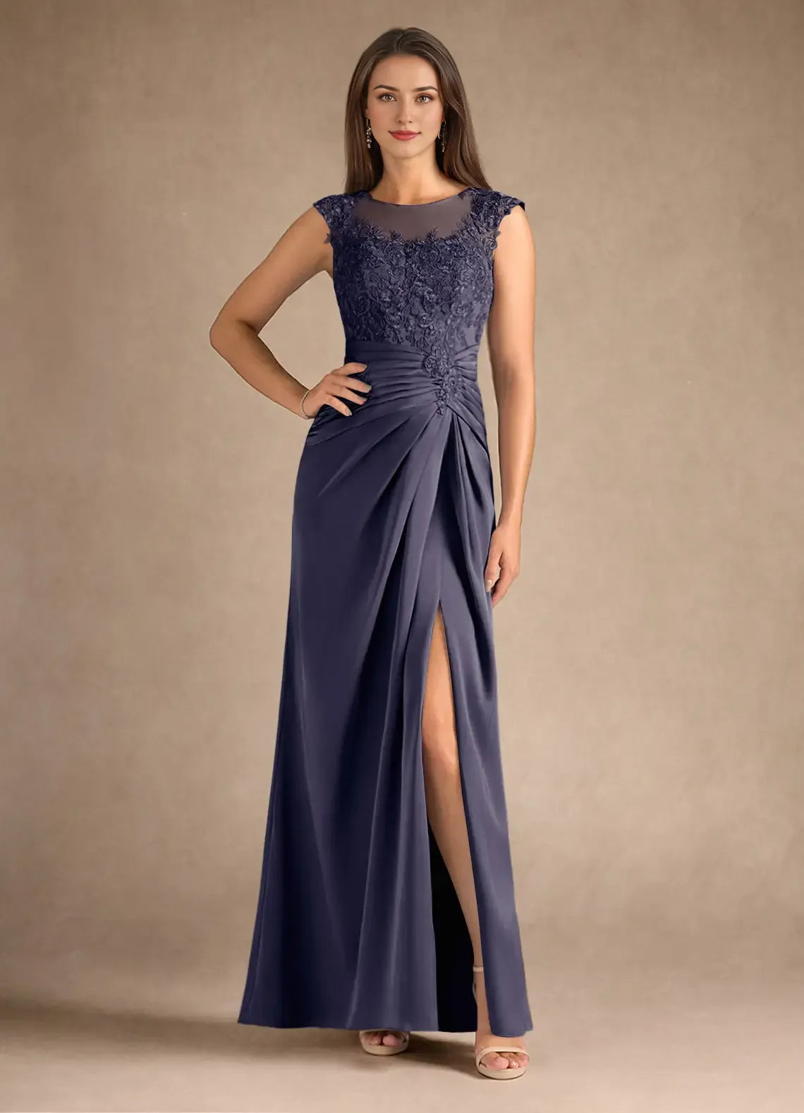 Blue Dress Steel Sheath Pleated Mother of the Groom Dresses Elegant Scoop Neck Sleeveless Leg Slit Evening Dress