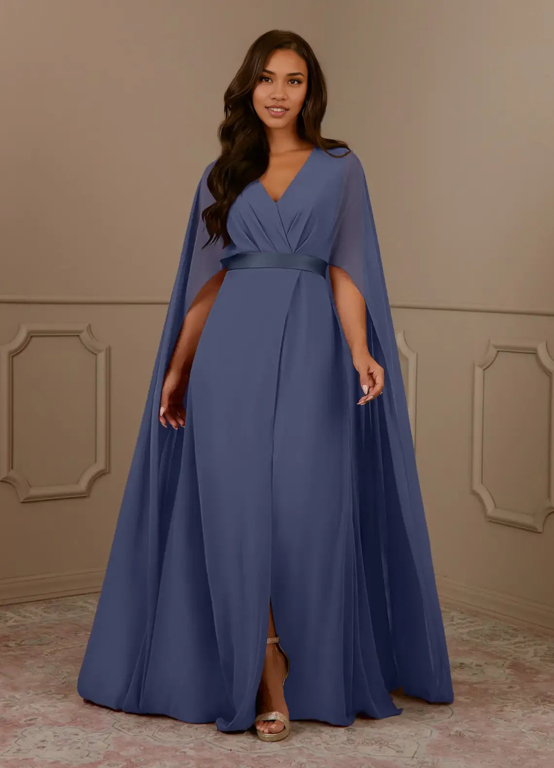 Navy Dress Dark V-Neck Pleated A-Line Mother Of The Bride Evening Dress Minimalist Cape Sleeve Back Zip Plus Size Mother Of The Bride Dress