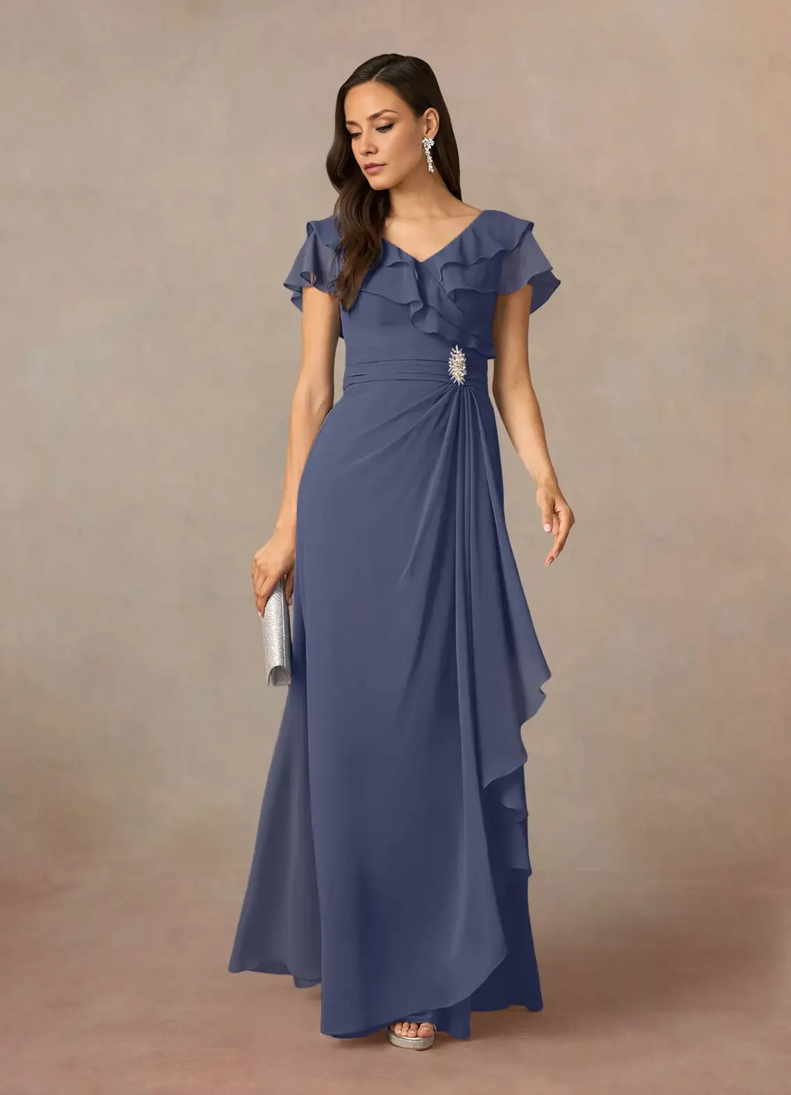 Navy Dress Dark A-Line V-Neck Ruched Mother Of The Bride Evening Dress Elegant Ruffle Flutter Sleeves V Back Plus Size Mother Of The Bride Dress