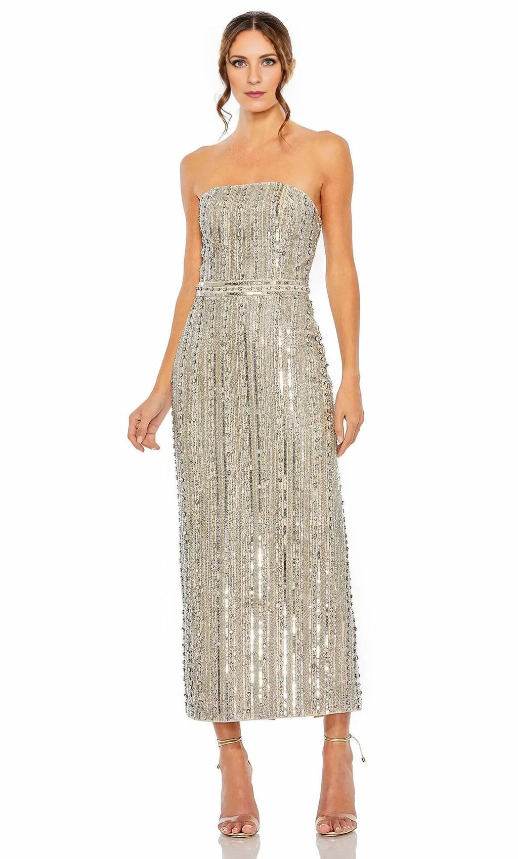 Straight Sleeveless Column Shiny Tea Length Prom Dress For Sale For Women