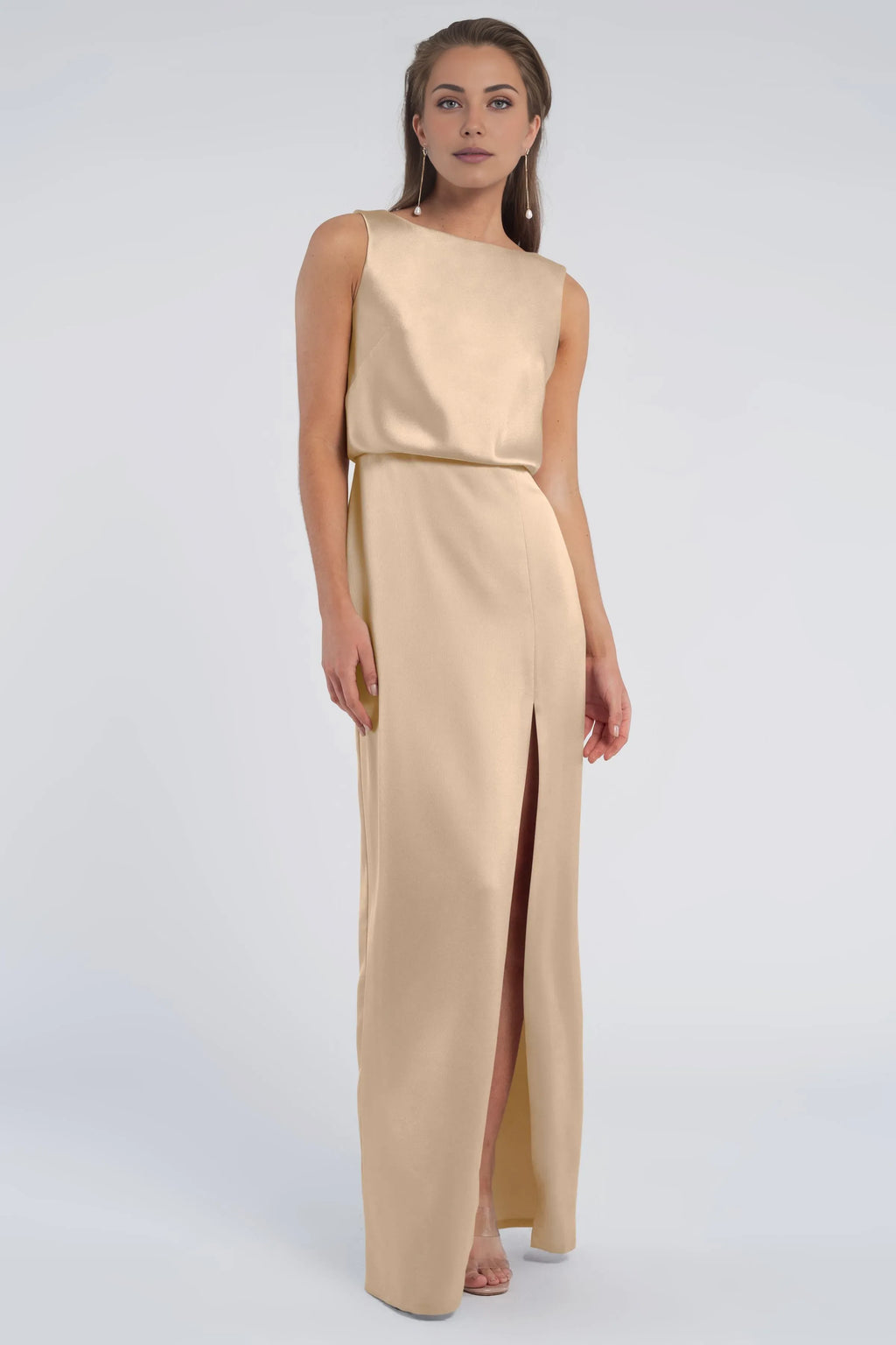 Straight Tube Boat Neck Sleeveless Simple Backless Hot Sale Long Evening Dresses Discount Floor Length Prom Dresses with slit