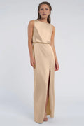 Straight Tube Boat Neck Sleeveless Simple Backless Hot Sale Long Evening Dresses Discount Floor Length Prom Dresses with slit