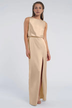 Straight Tube Boat Neck Sleeveless Simple Backless Hot Sale Long Evening Dresses Discount Floor Length Prom Dresses with slit