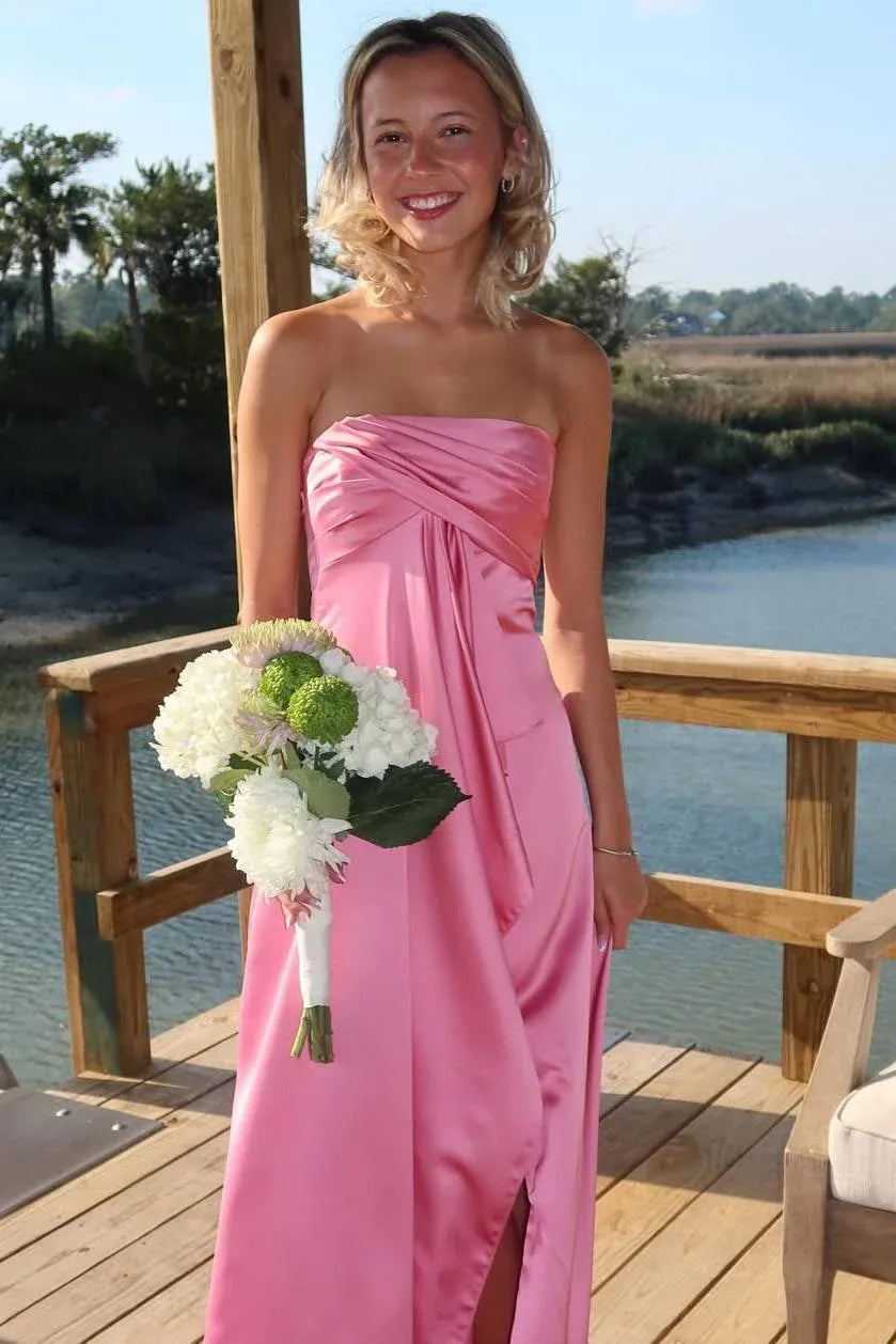 Strapless Twist Front High Slit Bridesmaid Maxi Dress
