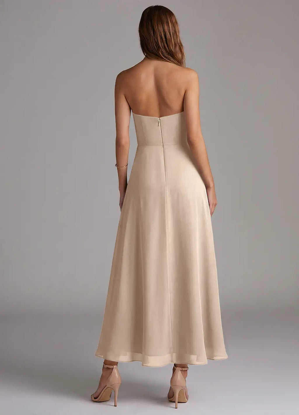 Strapless Chiffon Bridesmaid Dress with Ankle-Length Skirt and High Front Slit