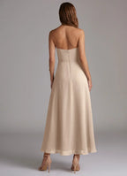 Strapless Chiffon Bridesmaid Dress with Ankle-Length Skirt and High Front Slit