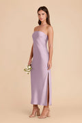 Strapless Draped Cowl Back Satin Bridesmaid Dress High Slit Midi Tea Length Formal Wedding Guest Party Gown