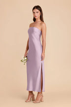 Strapless Draped Cowl Back Satin Bridesmaid Dress High Slit Midi Tea Length Formal Wedding Guest Party Gown