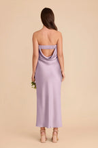 Strapless Draped Cowl Back Satin Bridesmaid Dress High Slit Midi Tea Length Formal Wedding Guest Party Gown