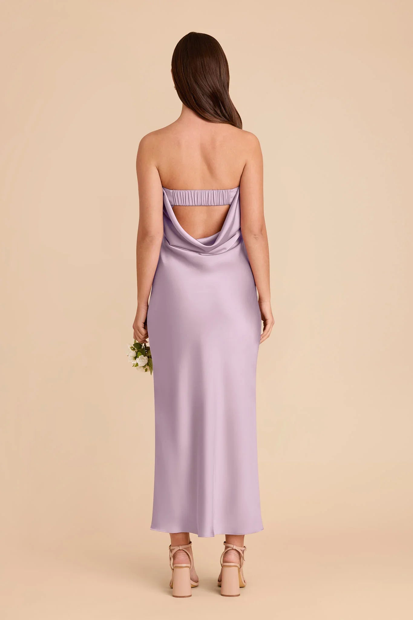 Strapless Draped Cowl Back Satin Bridesmaid Dress High Slit Midi Tea Length Formal Wedding Guest Party Gown