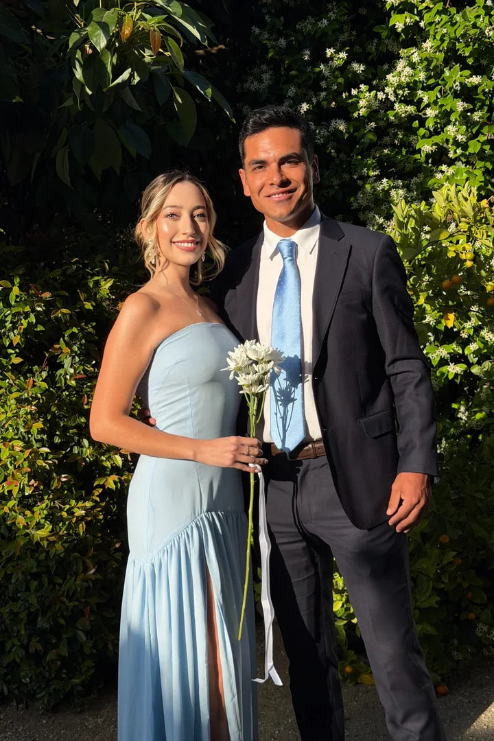 Light Blue Strapless Ruffled High-Slit Floor-Length Prom Dress
