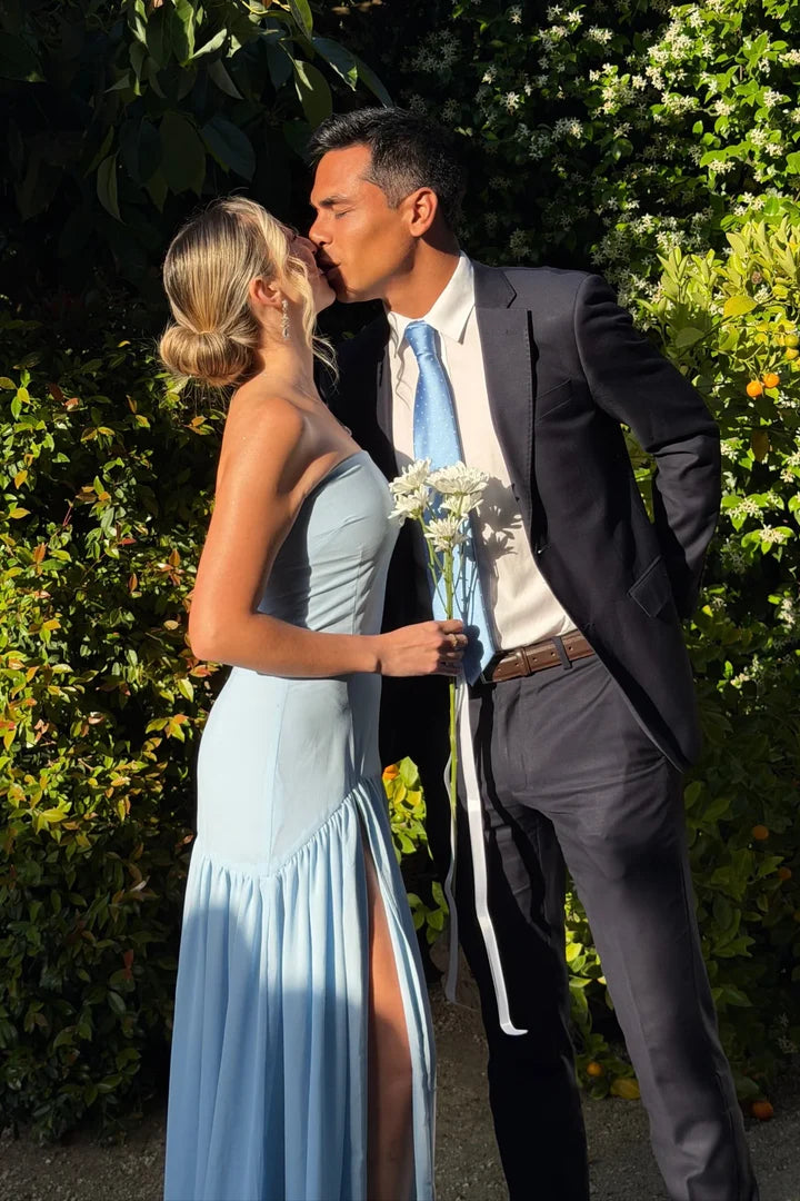 Light Blue Strapless Ruffled High-Slit Floor-Length Prom Dress