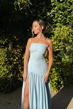 Light Blue Strapless Ruffled High-Slit Floor-Length Prom Dress