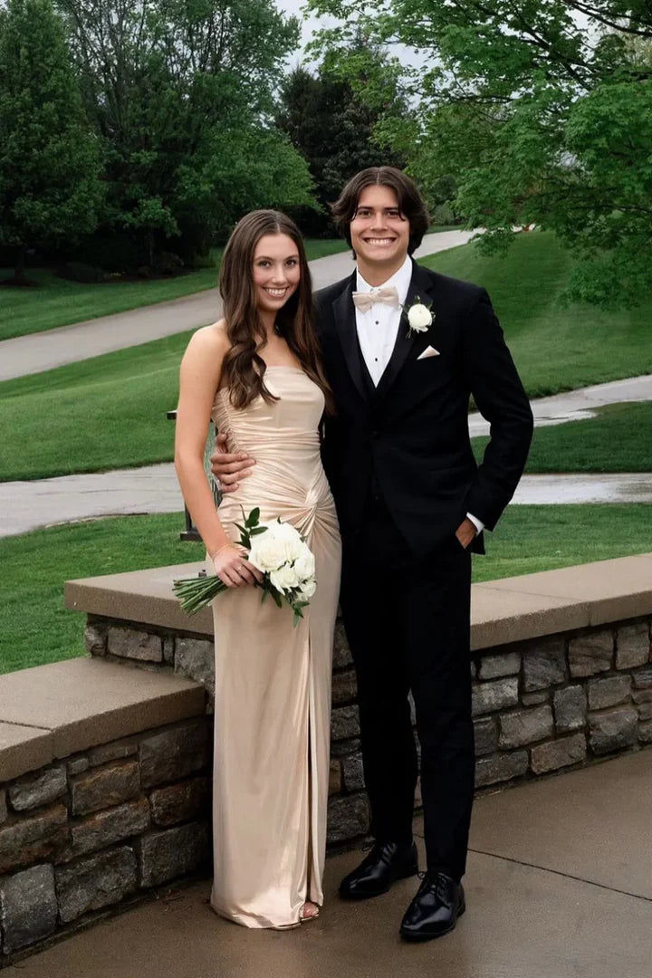 Champagne Metallic Strapless Twist-Front High-Slit Floor-Length Prom Dress