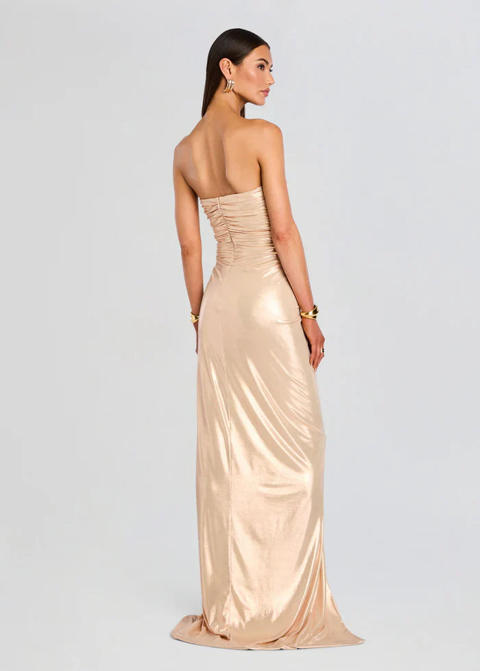 Champagne Metallic Strapless Twist-Front High-Slit Floor-Length Prom Dress