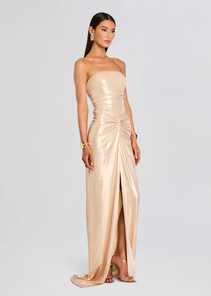 Champagne Metallic Strapless Twist-Front High-Slit Floor-Length Prom Dress