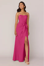 Strapless Satin Bridesmaid Dresses with Corset Bodice, Waist Sash Detail and High Slit Formal Gown