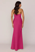 Strapless Satin Bridesmaid Dresses with Corset Bodice, Waist Sash Detail and High Slit Formal Gown