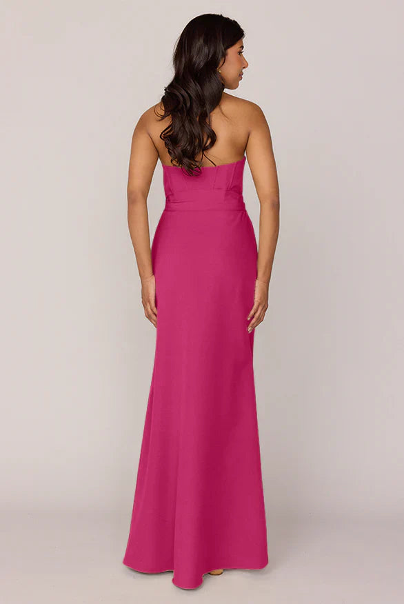 Strapless Satin Bridesmaid Dresses with Corset Bodice, Waist Sash Detail and High Slit Formal Gown
