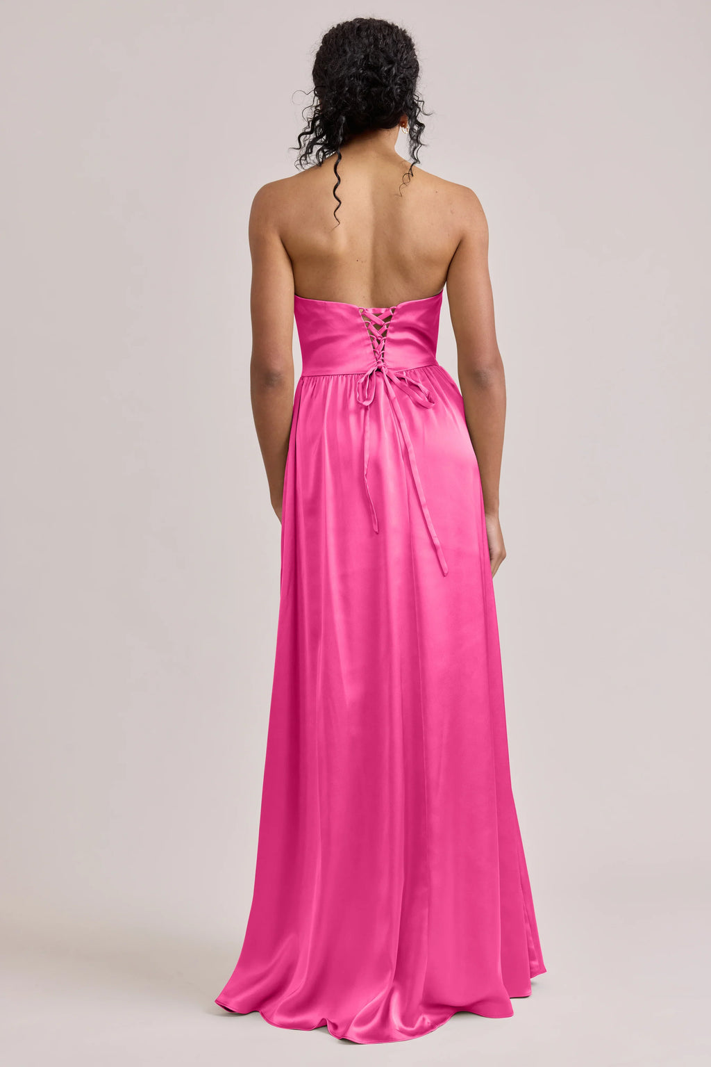 Strapless Satin Bridesmaid Dresses with Corset Lace-Up Back, Side Pockets and Convertible High Slit Formal Gown