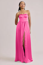 Strapless Satin Bridesmaid Dresses with Corset Lace-Up Back, Side Pockets and Convertible High Slit Formal Gown