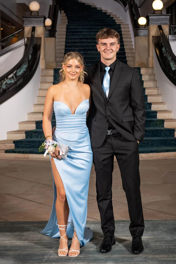 Light Blue Satin Strapless Sweetheart Lace-Up High-Slit Floor-Length Prom Dress