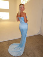 Light Blue Satin Strapless Sweetheart Lace-Up High-Slit Floor-Length Prom Dress