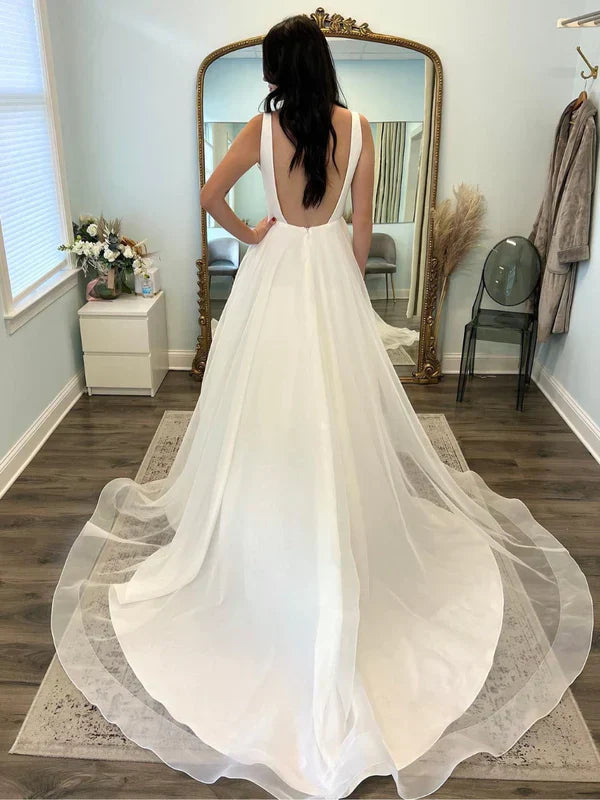 Satin Straps Straight Neckline A-Line Wedding Dress With Elegant Timeless Glamour For Brides