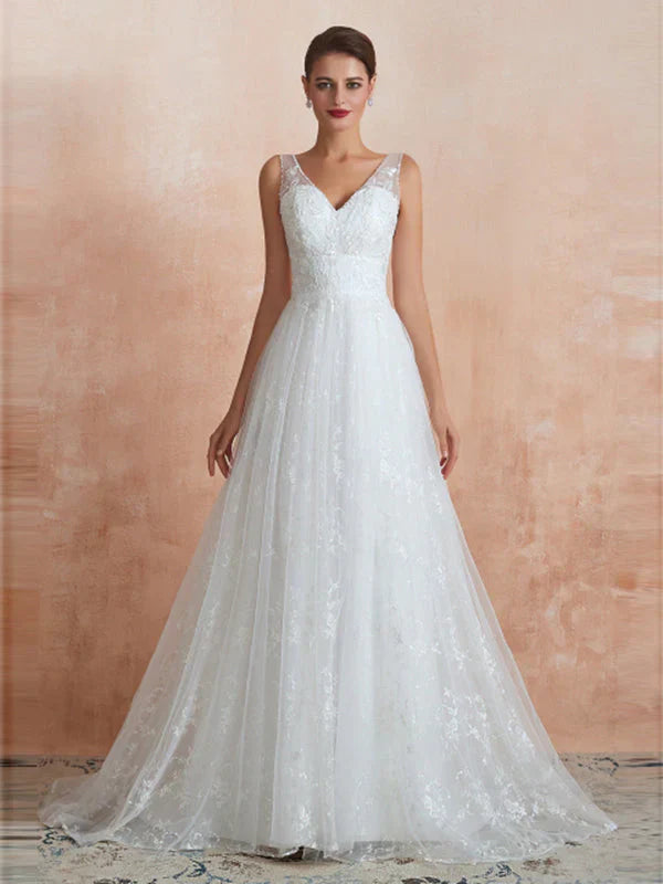 V Neck Straps Applique A-Line Wedding Dress For Brides Elegant, Flattering Gown For Your Big Day