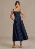 Streamlined A Line Square Neck Sleeveless Open Back Midi Length Female Prom Dress