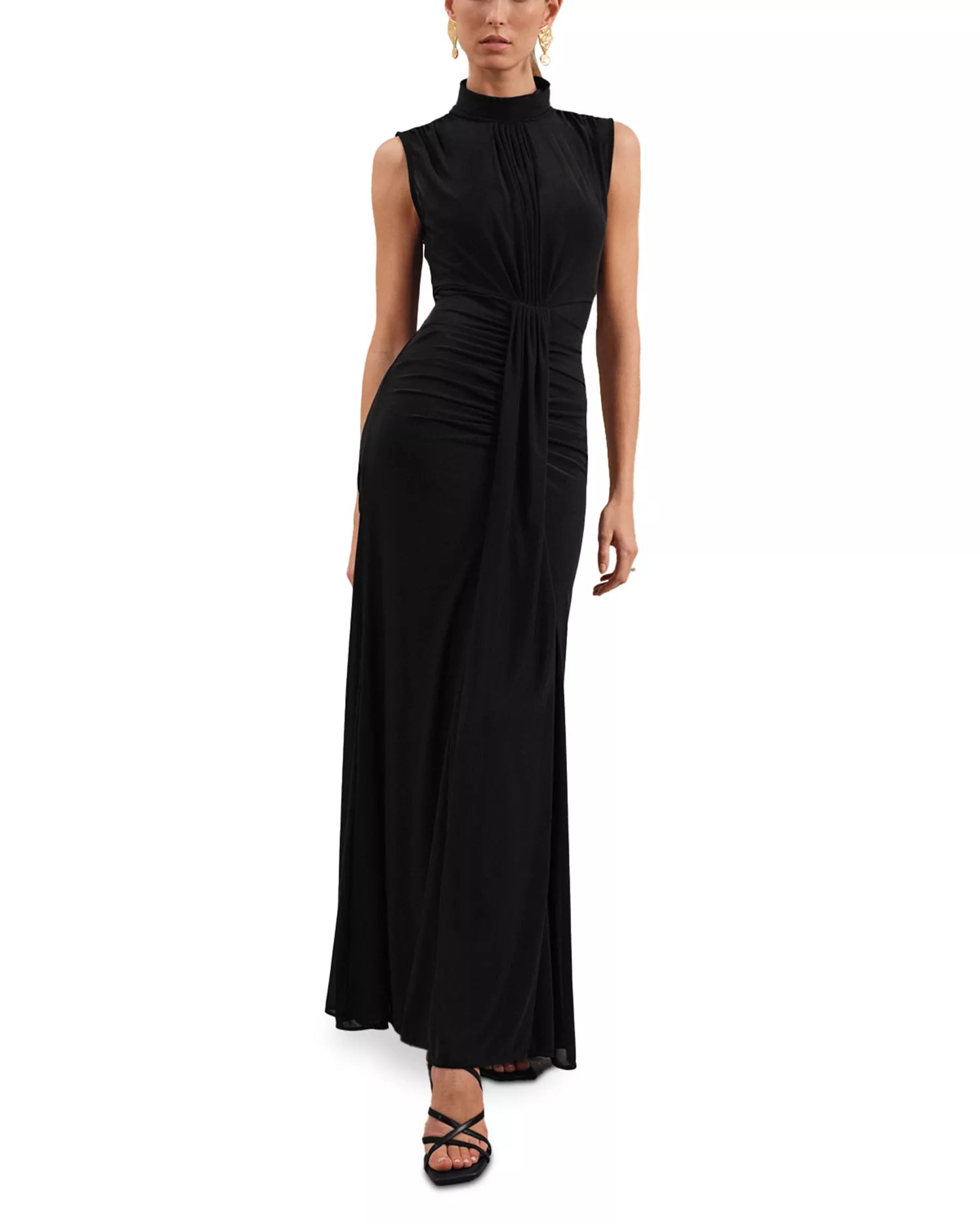 Streamlined Sheath Turtleneck Sleeveless Ruched Back Floor Length Female Prom Dress
