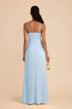 Streamlined Square Neck Sky Blue Sleeveless Satin Ruched Maxi Bridesmaid  Dress