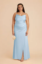 Streamlined Square Neck Sky Blue Sleeveless Satin Ruched Maxi Bridesmaid  Dress