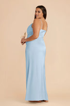 Streamlined Square Neck Sky Blue Sleeveless Satin Ruched Maxi Bridesmaid  Dress
