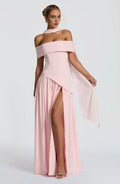 Striking A Line Off Shoulder Choker Sash Back Zipper High Slit Floor Length For Ladies Prom Dress